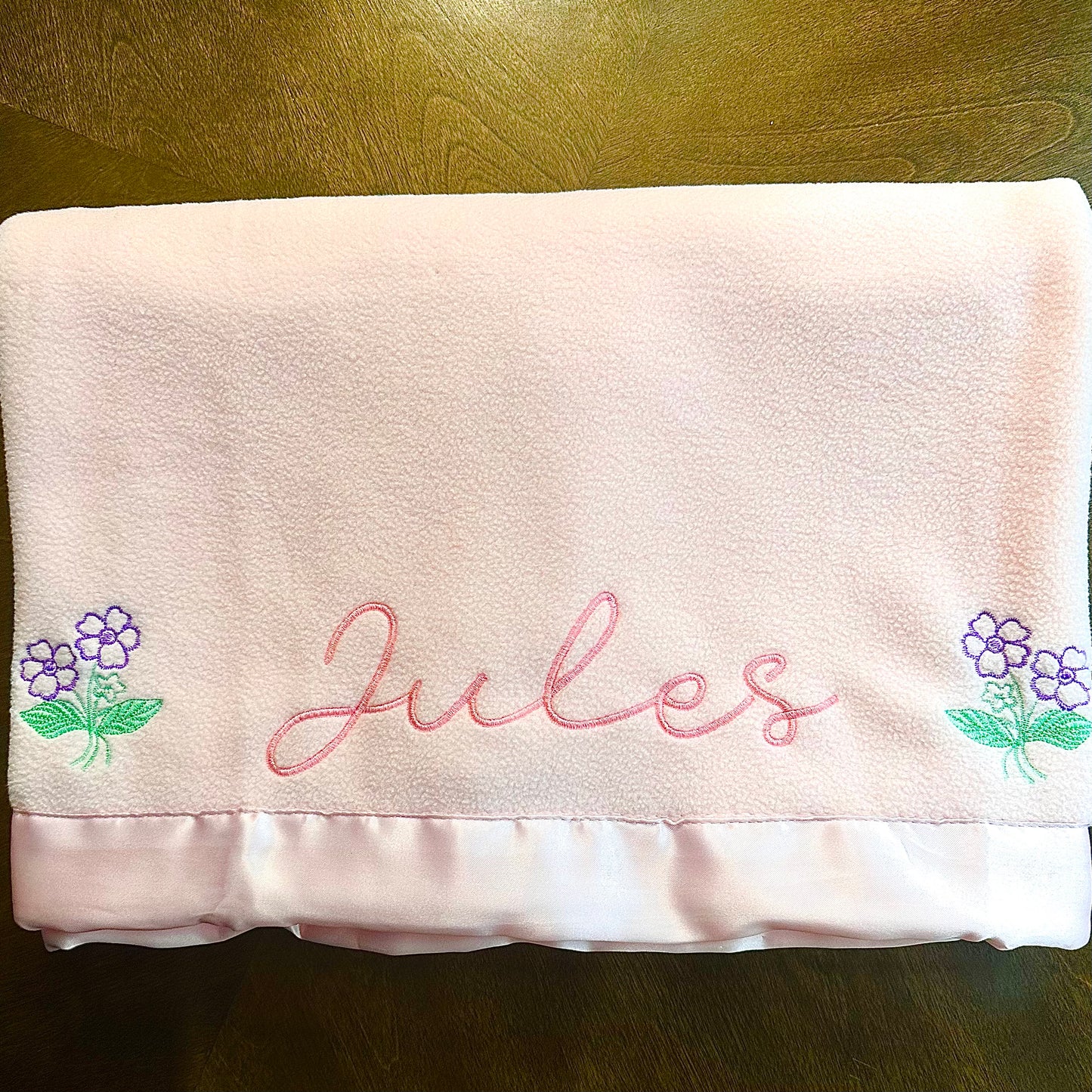 Embroidered Fleece Baby Blanket with Silk-Like Satin Trim