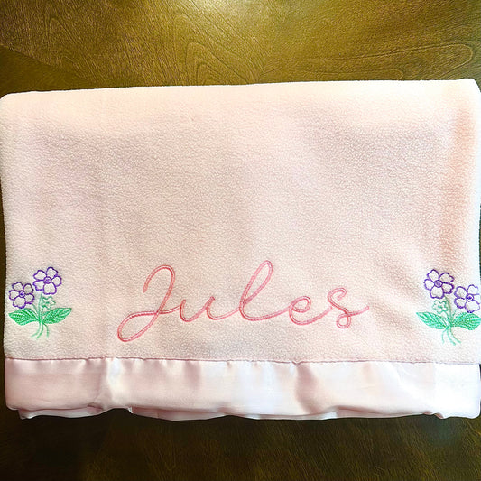 Embroidered Fleece Baby Blanket with Silk-Like Satin Trim